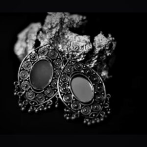 925 Silver Oxidised Statement Jhumka — Black Onyx Centre with Ghungroo Fringe — view 1