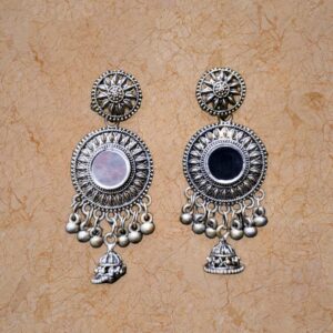 925 Silver Chandbali Earrings — Oxidised Mirror Centre with Bead Fringe — view 1