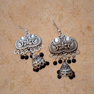925 Silver Oxidised Temple Jhumka Earrings — Om Motif with Black Bead Drops — view 1