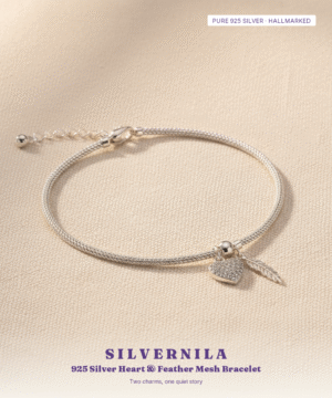 925 Silver Heart & Feather Charm Mesh Bracelet — Magnetic Clasp — view 1