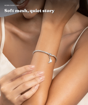925 Silver Heart & Feather Charm Mesh Bracelet — Magnetic Clasp — view 2